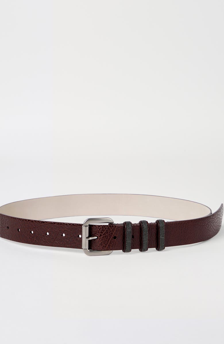 Brunello Cucinelli Glossy hammered calfskin belt, Alternate, color, Burgundy