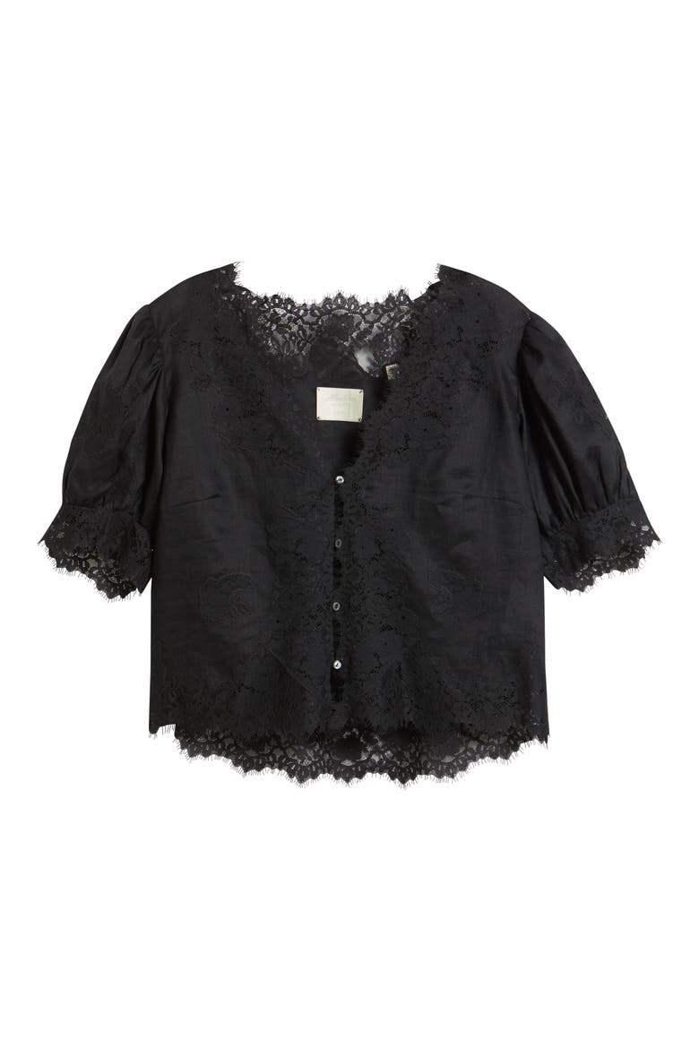Idella Lace Trim Ramie Top, Alternate, color, BLACK