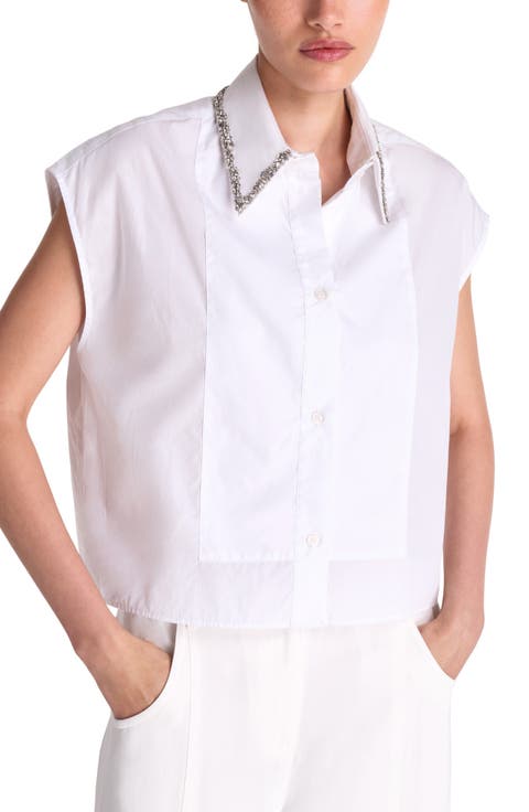 Beaded Collar Cap Sleeve Shirt