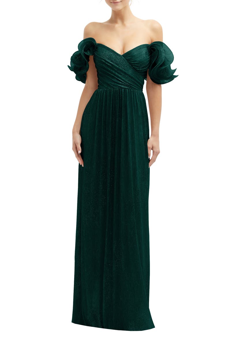 Ruffle Off the Shoulder Metallic Column Gown, Main, color, EVERGREEN METALLIC