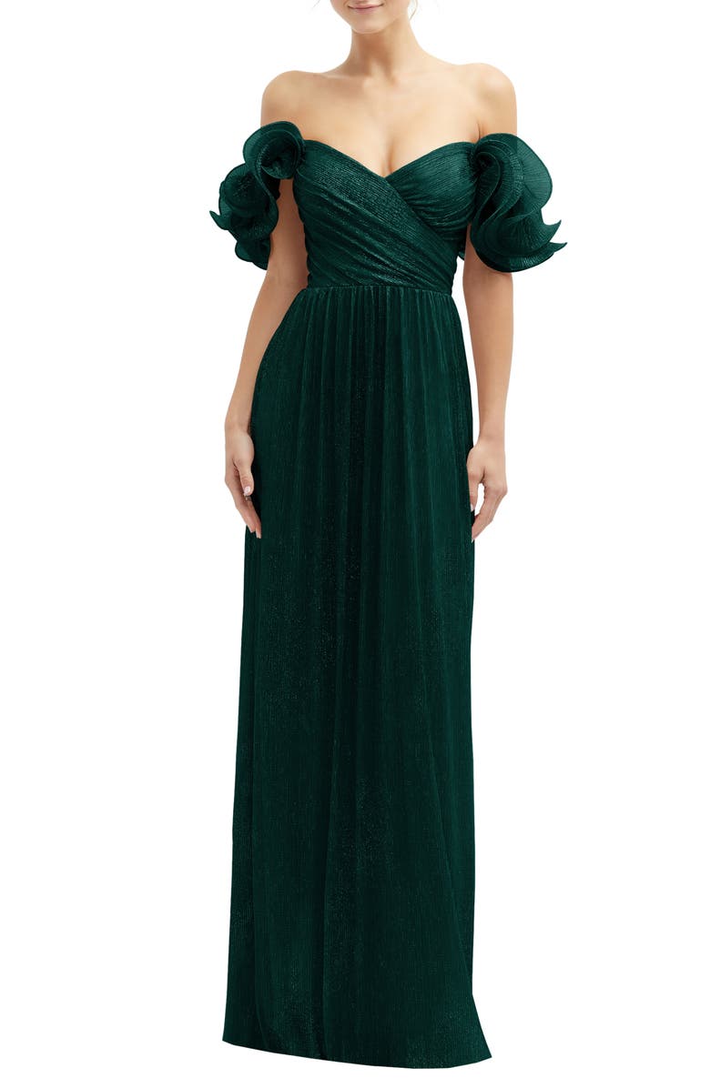 After Six Ruffle Off the Shoulder Metallic Column Gown, Main, color, Evergreen Metallic