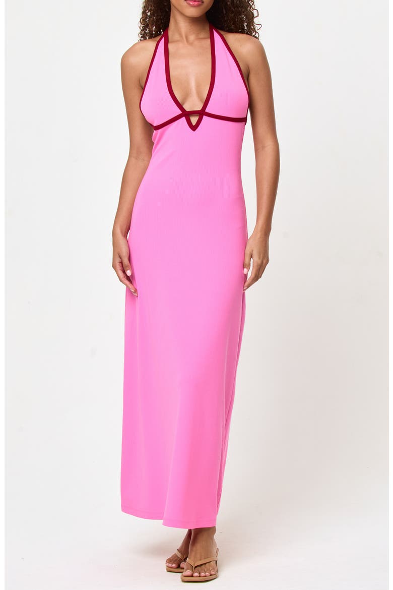 Shea Contrast Binding Halter Rib Maxi Cover-Up Dress, Main, color, HOTTEST PINK/ SIMMER