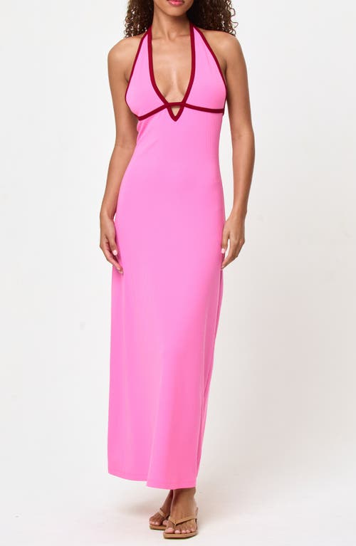 L*space Lspace Shea Contrast Binding Halter Rib Maxi Cover-up Dress In Pink