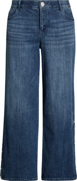 Wit & Wisdom Sam High Waist Faux Pearl Detail Wide Leg Jeans