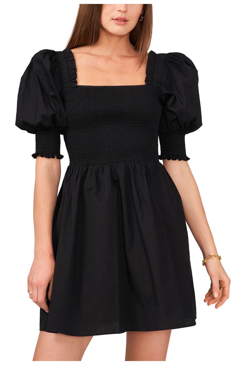 Puff Sleeve Cotton Poplin Minidress, Alternate, color, RICH BLACK