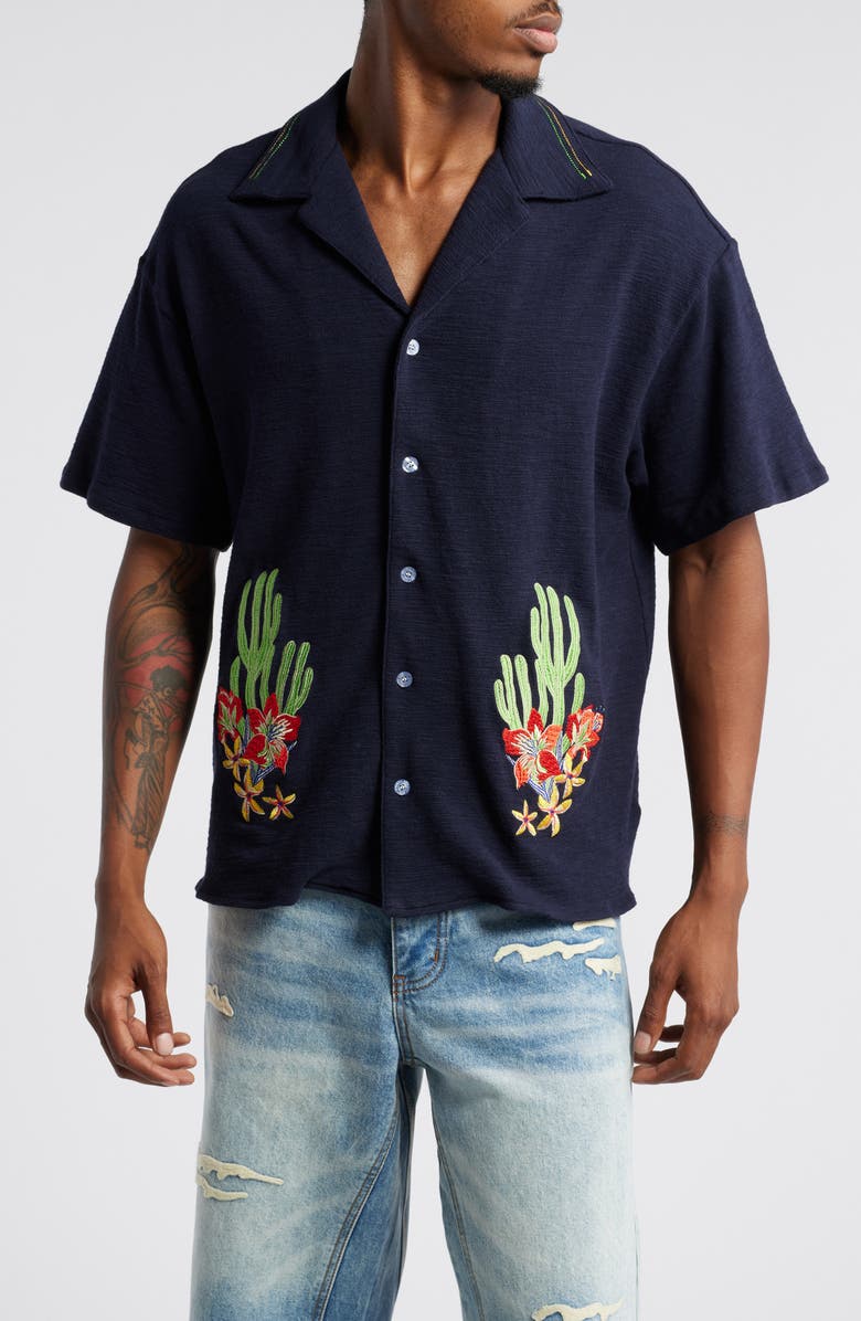DIET STARTS MONDAY Cactus Floral Embroidered Camp Shirt, Main, color,