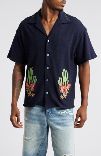Diet Starts Monday Cactus Floral Embroidered Camp Shirt In Navy