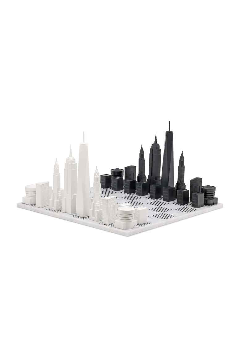 Chess Set Acrylic New York Edition with Marble Hatch Board, Main, color, White
