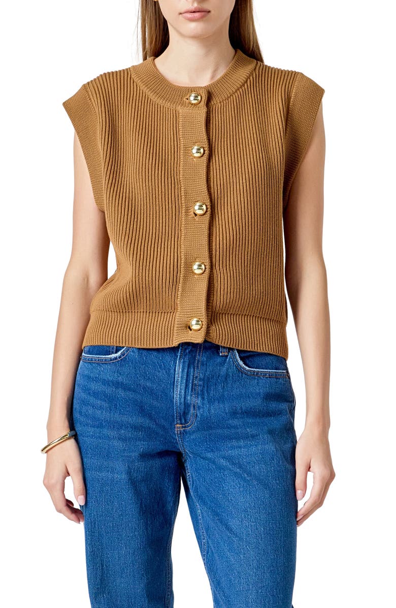 Endless Rose Rib Button Front Sweater Vest, Main, color, Camel
