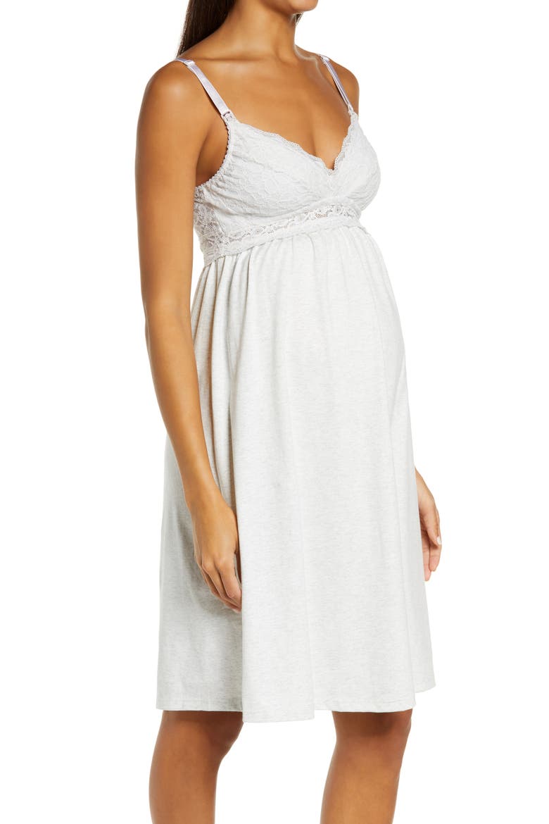 Tallulah Lace Trim Maternity/Nursing Chemise, Alternate, color, LIGHT GREY MARL