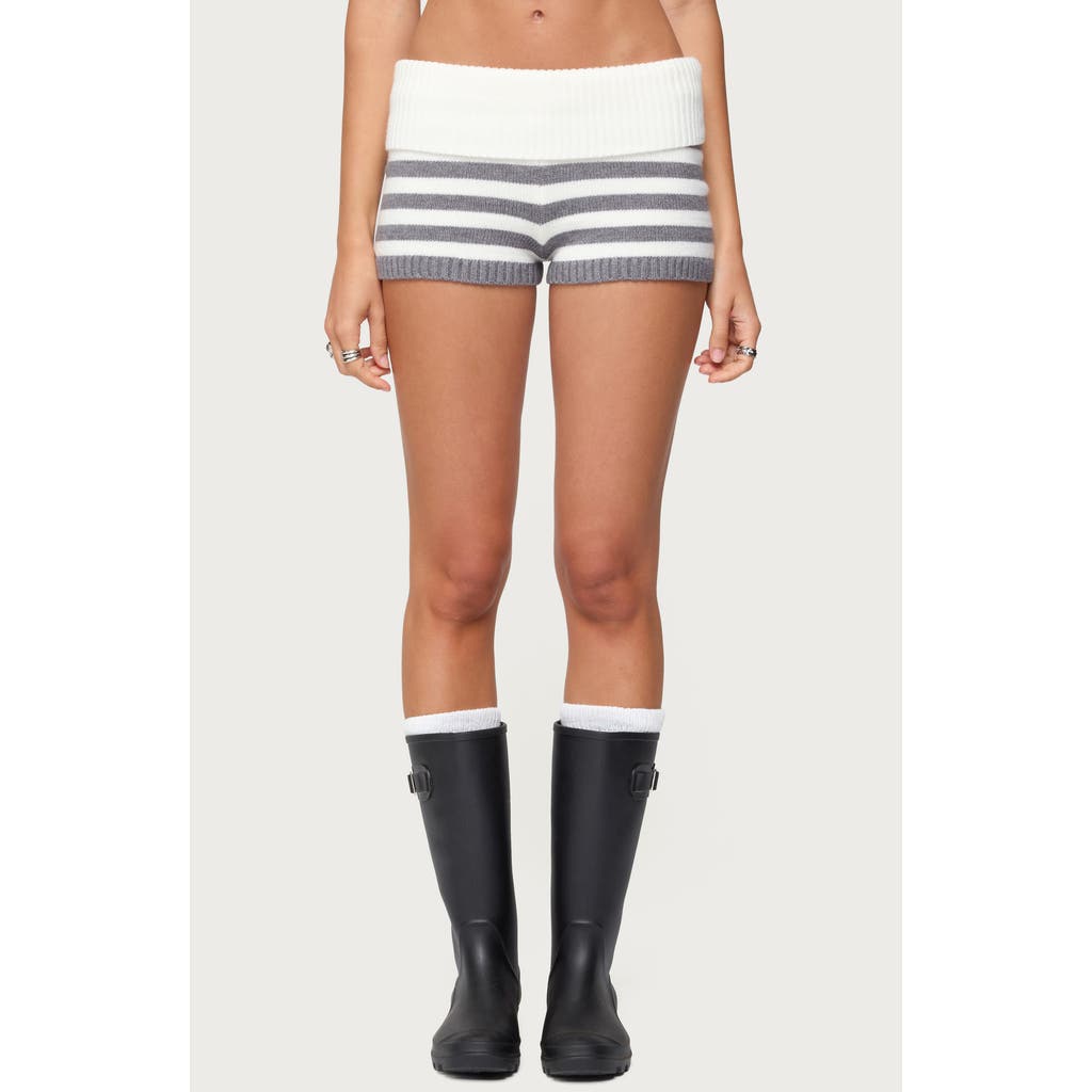 Edikted Saphi Stripe Foldover Waist Knit Shorts In Neutral