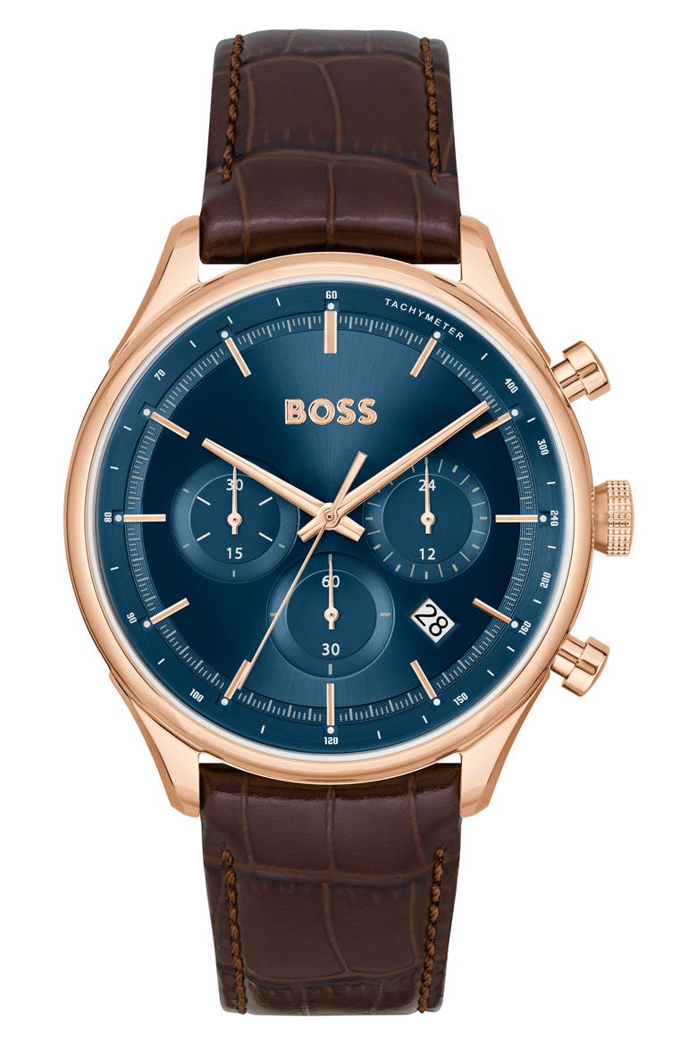 Gregor Chronograph Leather Strap Watch, 45mm, Main, color, BLUE SUNRAY