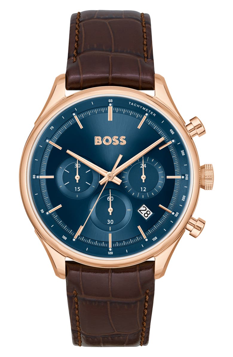 BOSS Gregor Chronograph Leather Strap Watch, 45mm, Main, color, Blue Sunray