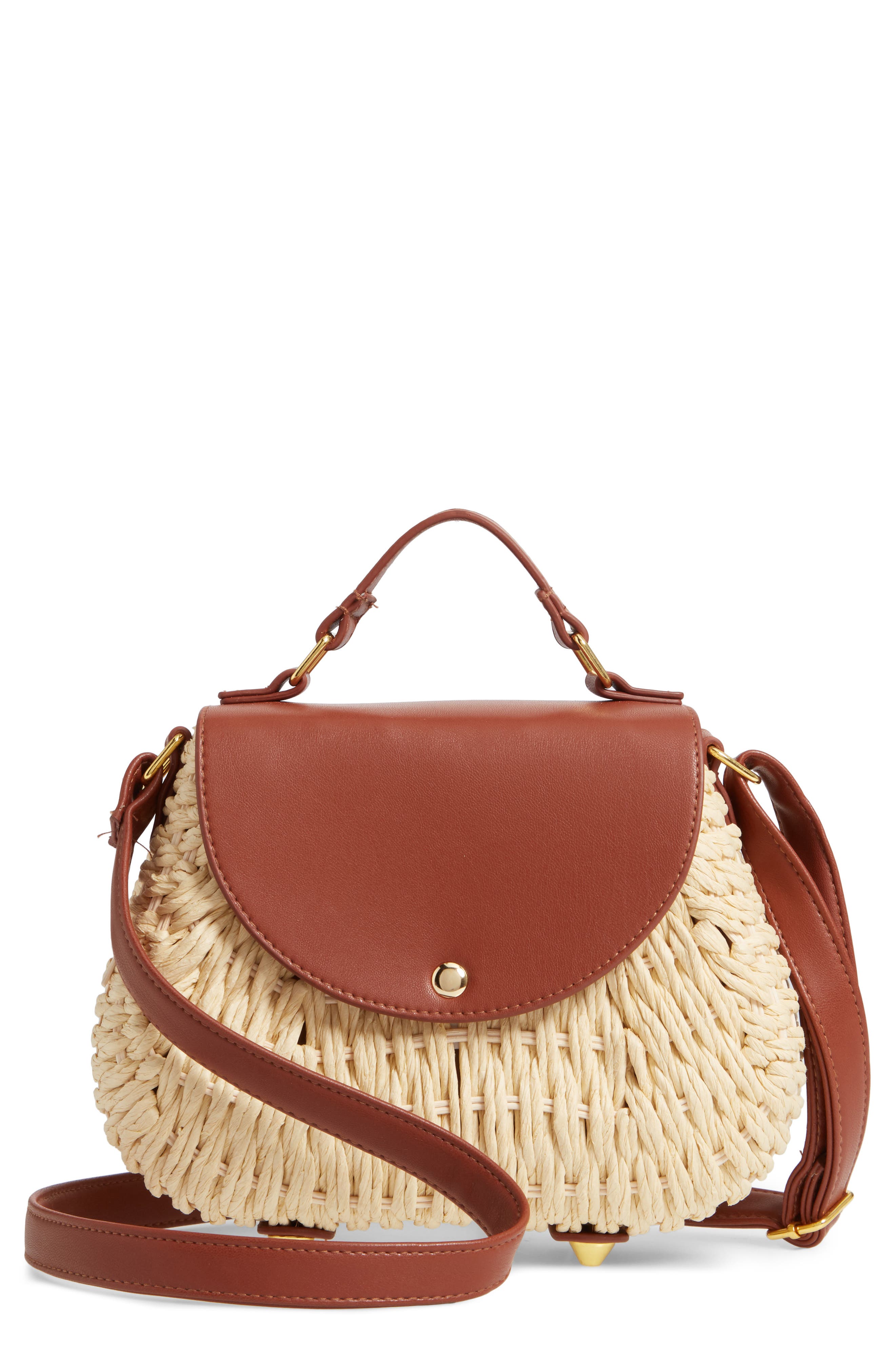 La Double 7 Faux Leather Trim Straw Saddle Bag, Main, color, 