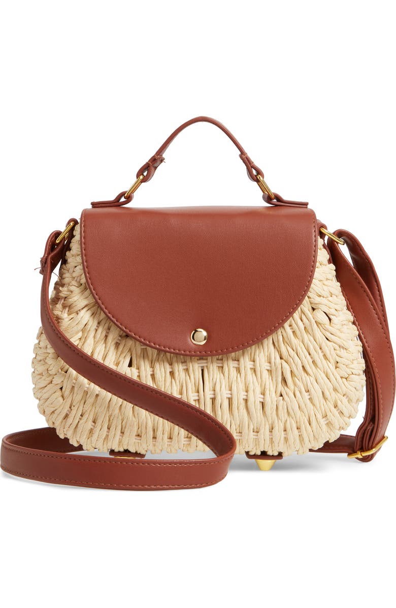 La Double 7 Faux Leather Trim Straw Saddle Bag, Main, color,