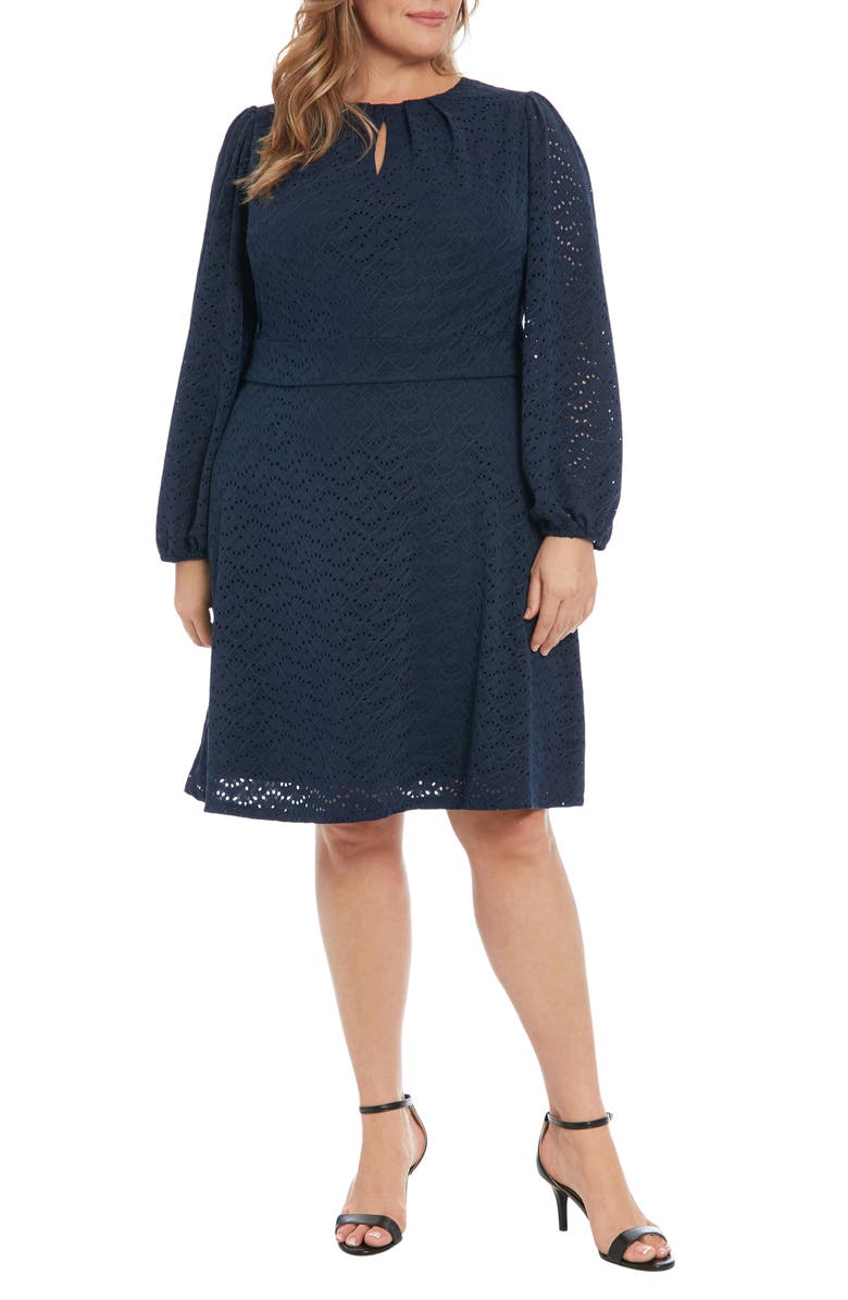 London Times Eyelet Keyhole Long Sleeve A-Line Dress, Main, color, Navy
