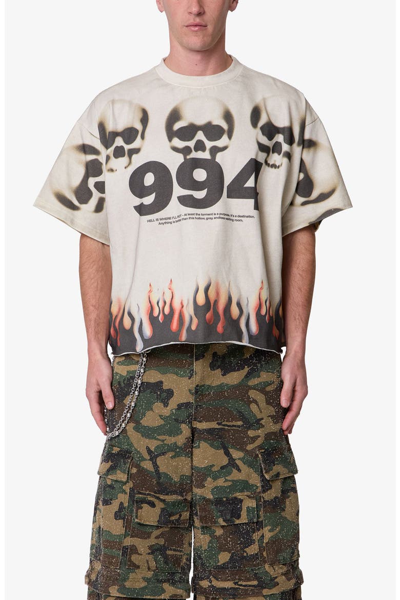 Flame Skull Distressed Graphic T-Shirt, Main, color, OFF WHITE