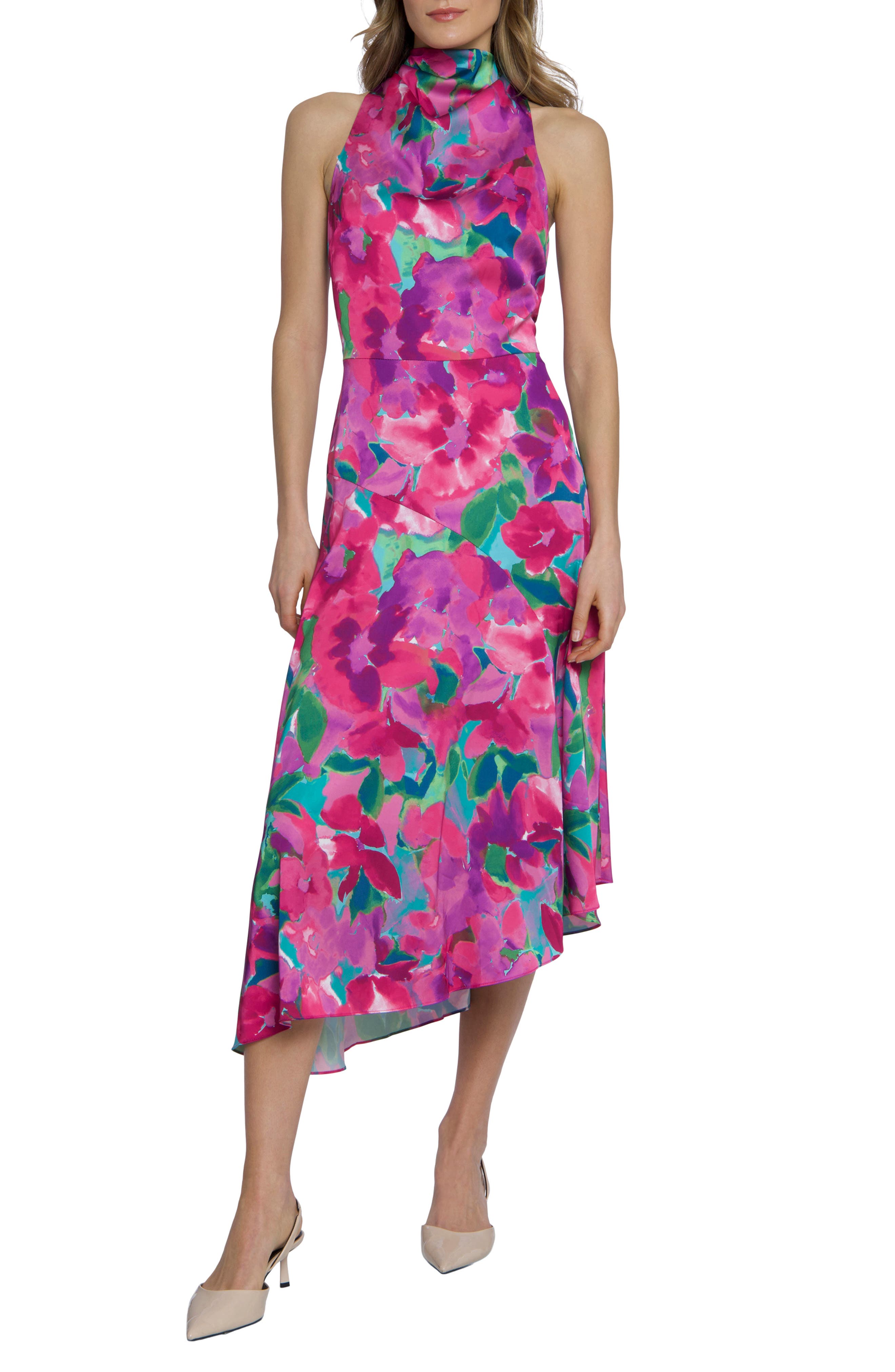 Maggy London Mock Neck Asymmetric Midi Dress