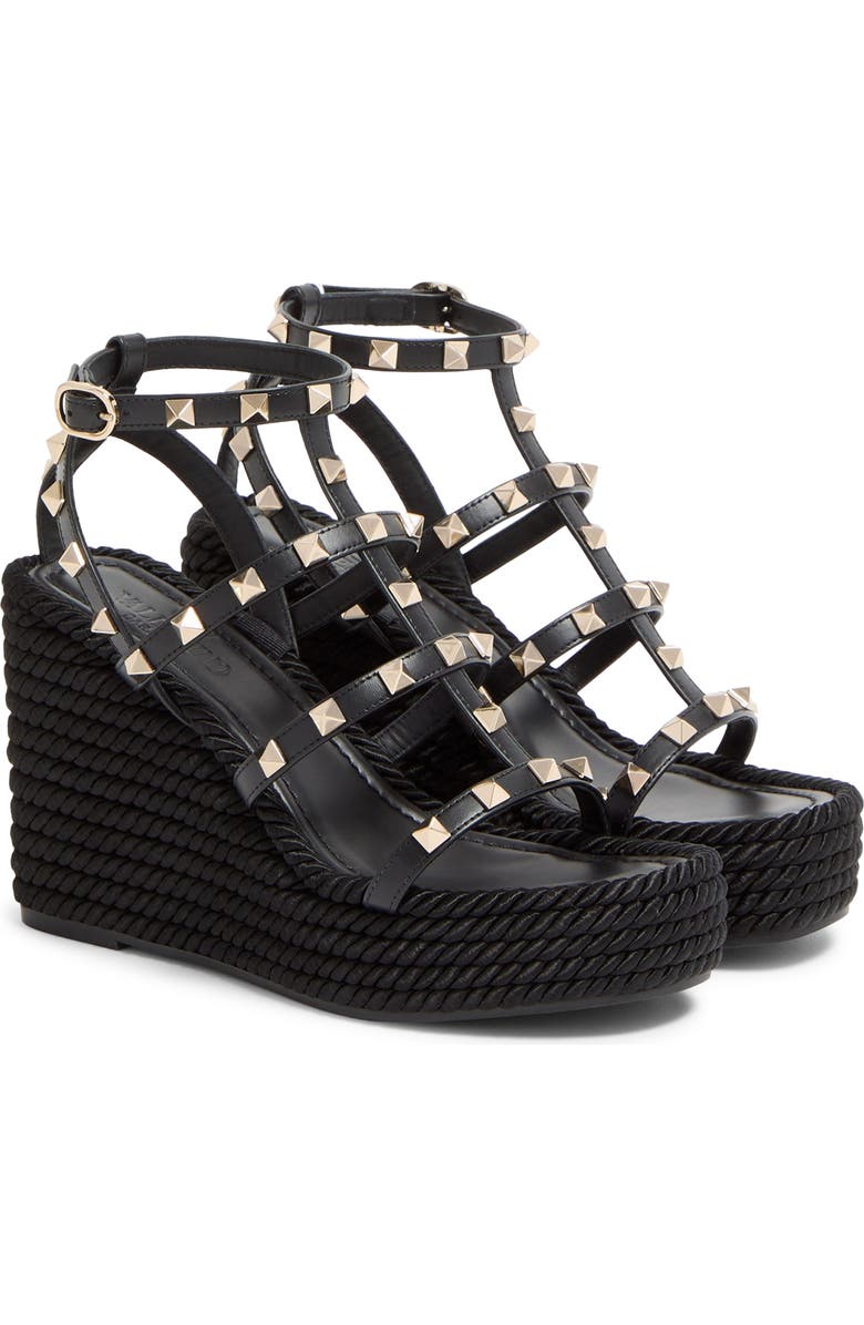 Valentino Rockstud Ankle Strap Wedge Sandal, Main, color, Black