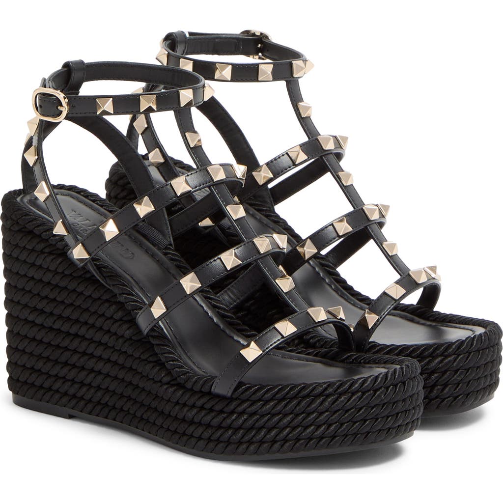 Valentino Garavani Valentino Rockstud Ankle Strap Wedge Sandal In Black