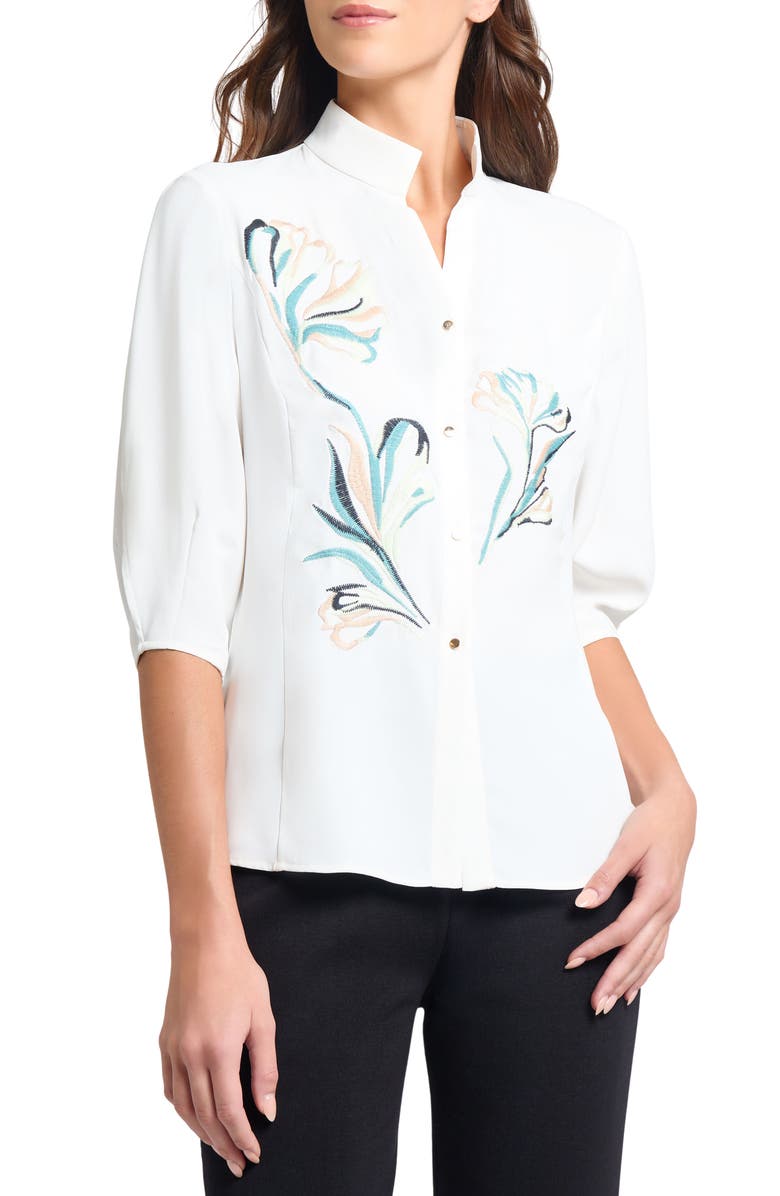 Misook Floral Embroidered Button-Up Shirt, Main, color, White/ Green Multi