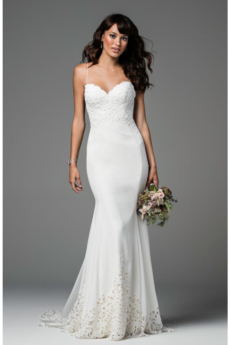 Ridley Backless Laser Cut Lace & Georgette Gown, Alternate, color, IVORY/IVORY