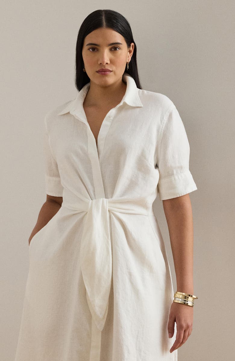 Lauren Ralph Lauren Tie Front Linen Shirtdress, Alternate, color, White