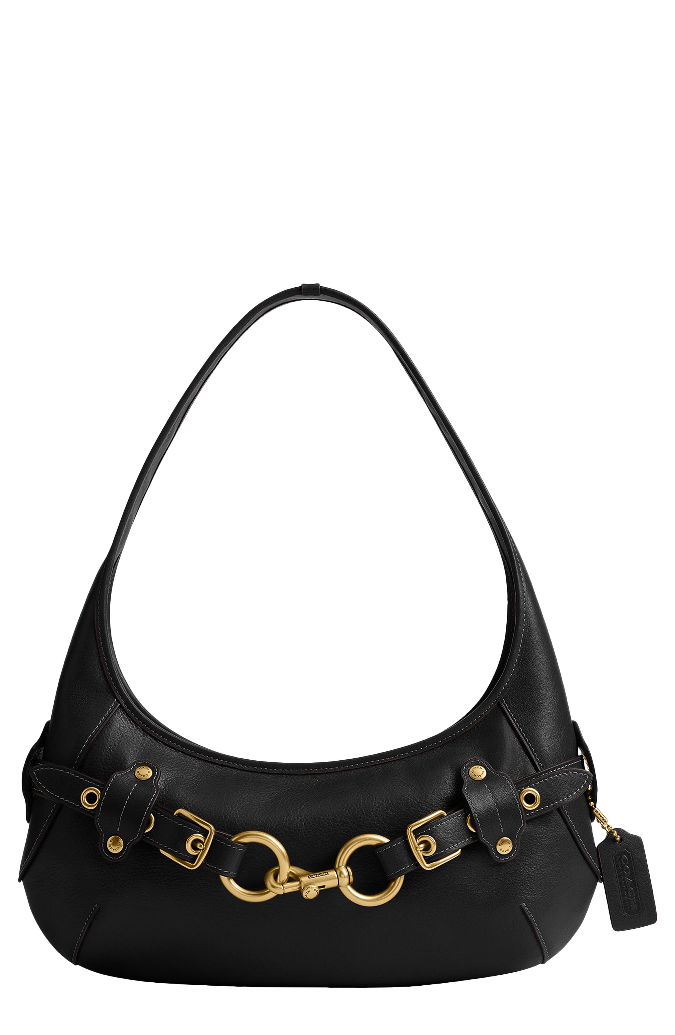 Belted Ergo Leather Shoulder Bag, Main, color, BLACK