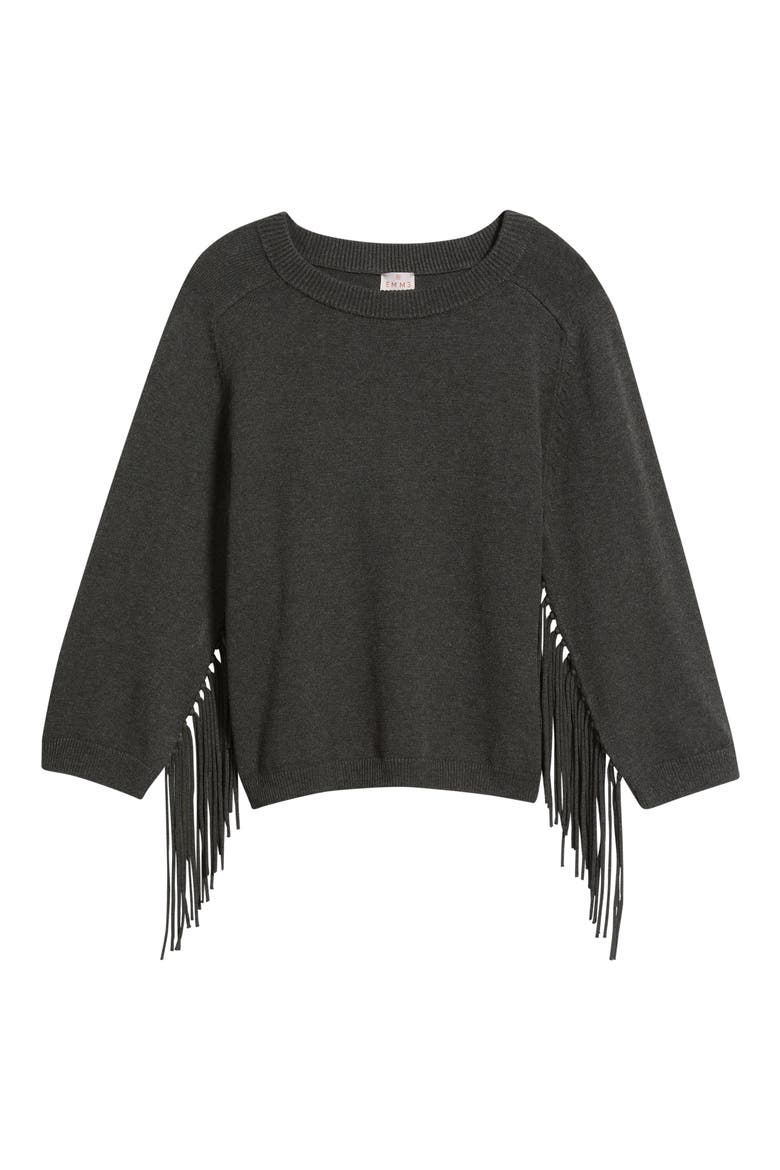 Fringe Sleeve Crewneck Sweater, Alternate, color, MELANGE DARK GREY