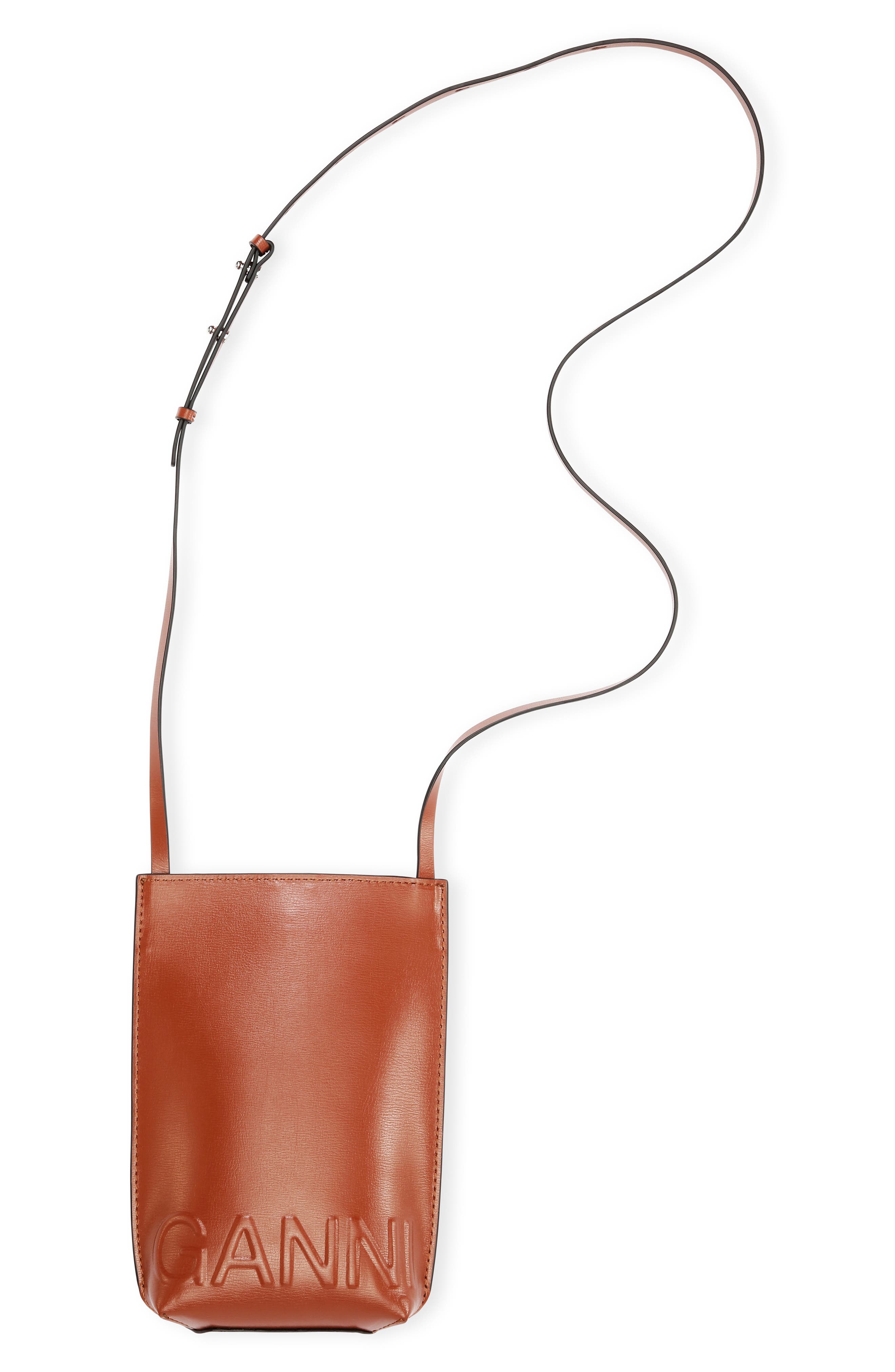 Ganni Leather Phone Crossbody Bag, Main, color, 
