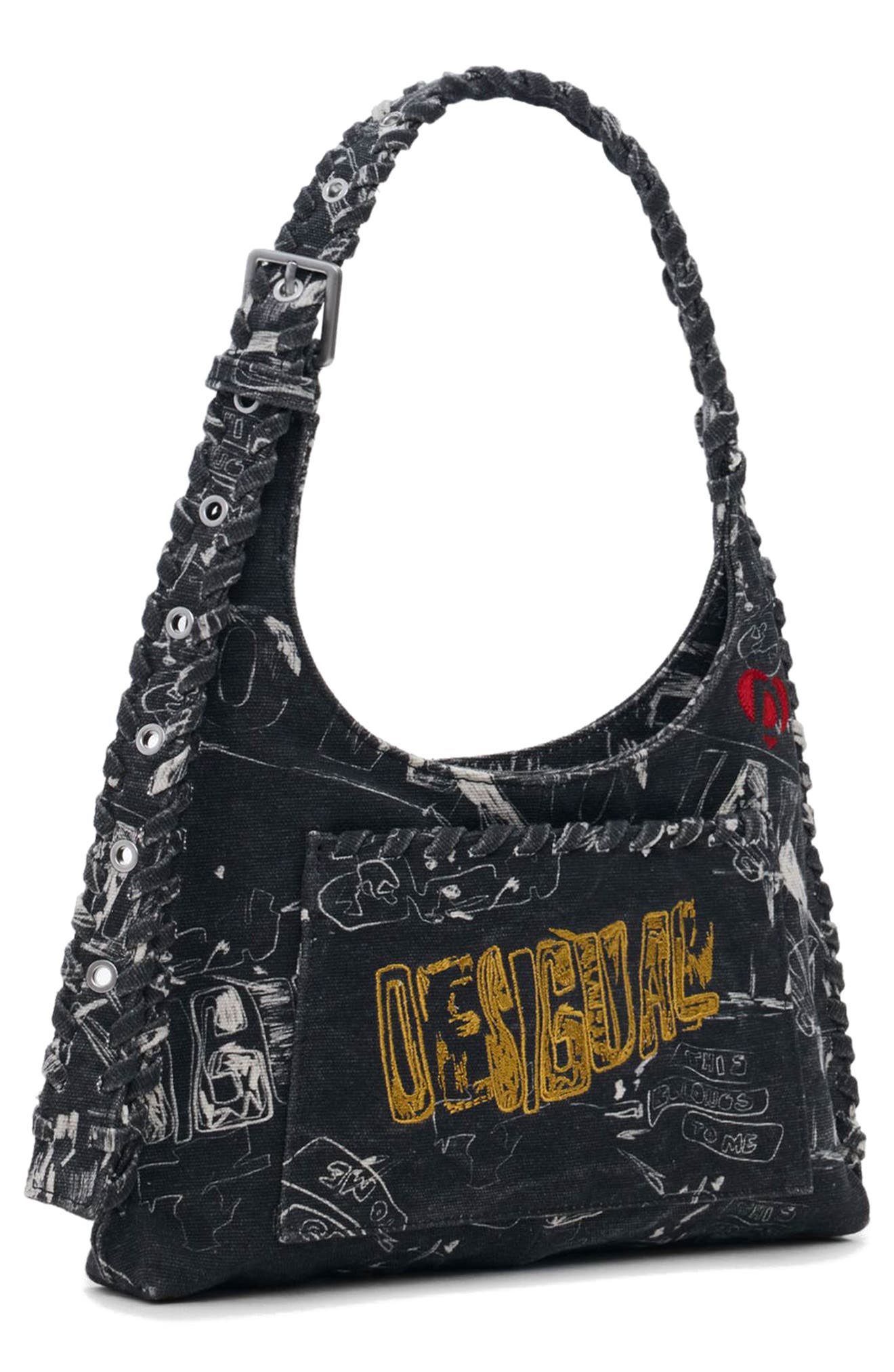Desigual Embroidered Denim Shoulder Bag, Alternate, color, Black