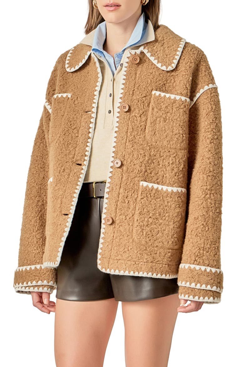 Embroidered Faux Shearling Jacket, Alternate, color, TAN