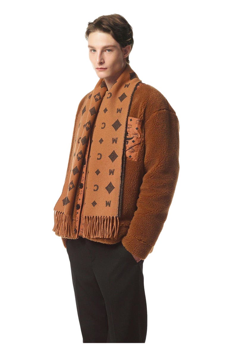 MCM Bicolor Monogram Jacquard Stole, Alternate, color, Cognac