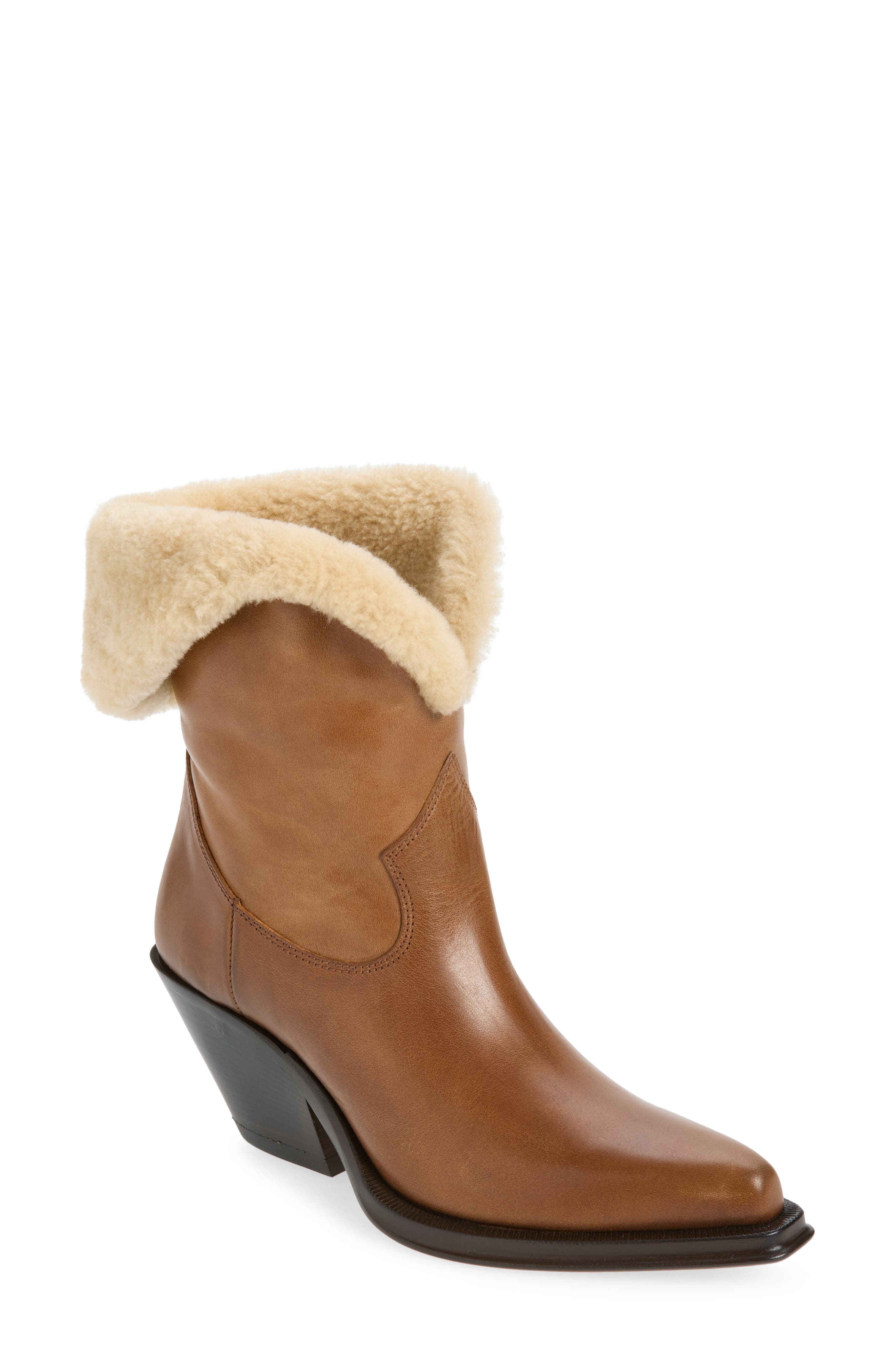 Azelan Genuine Shearling Cuff Western Boot, Main, color, AMBER BROWN