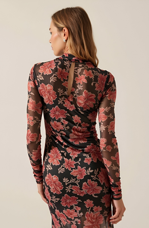 Modenaire Ornate Floral Mesh Maxi Dress With Mock Neck In Multi
