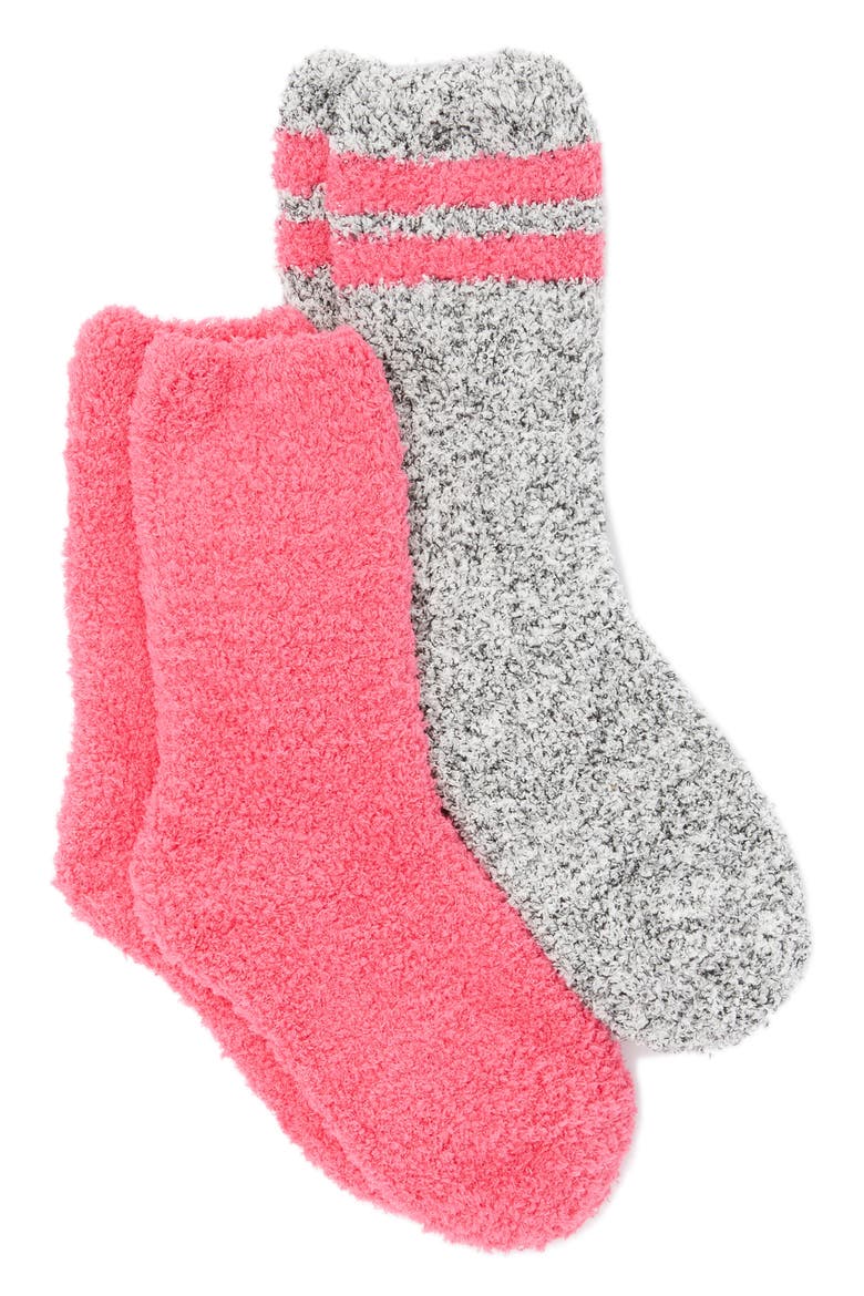 Varsity Stripe 2-Pack Plush Crew Socks, Main, color, BLACK MARL W/PINK MAGENTA