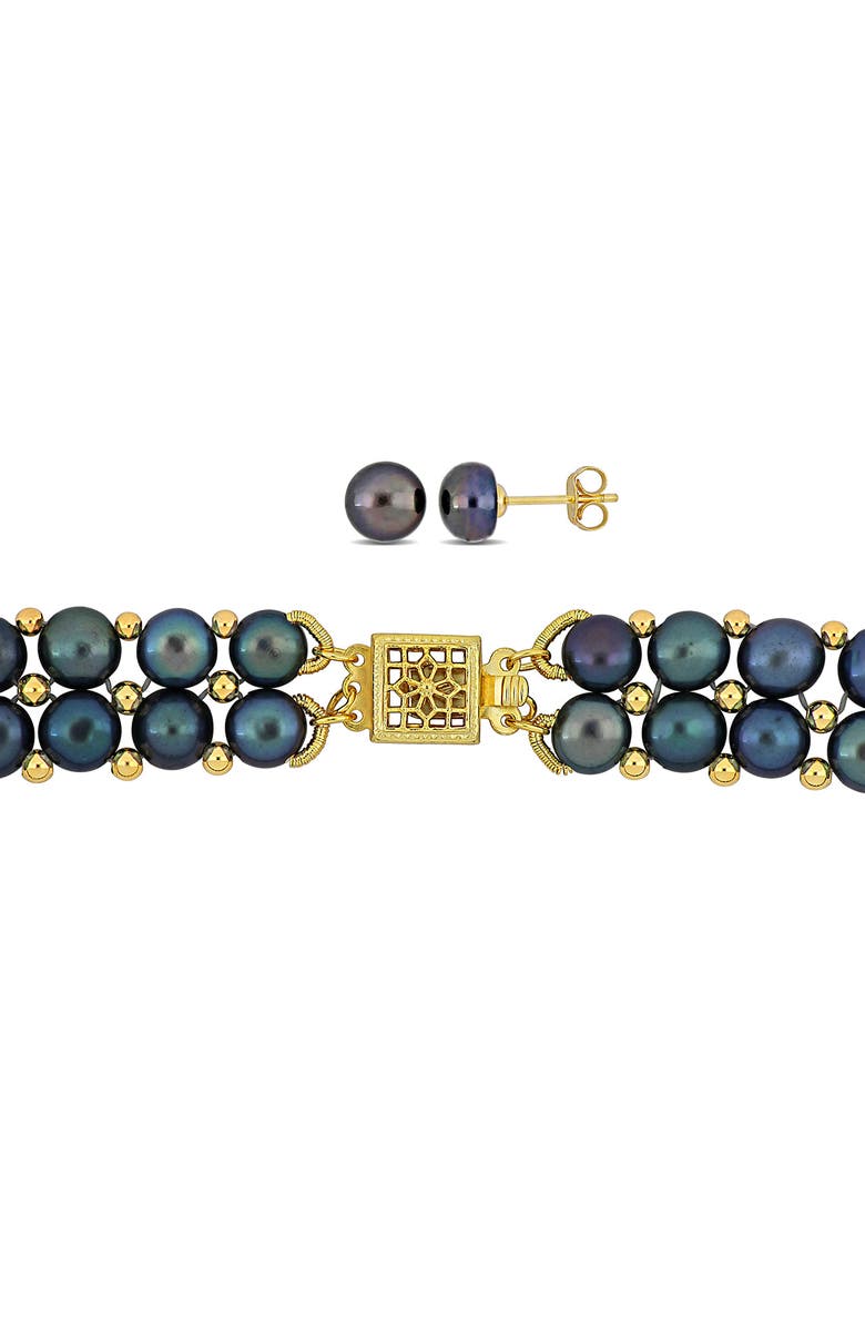 DELMAR Set of 3 Cultured Freshwater Pearl Stud Earrings, Bracelet & Necklace, Alternate, color, Black