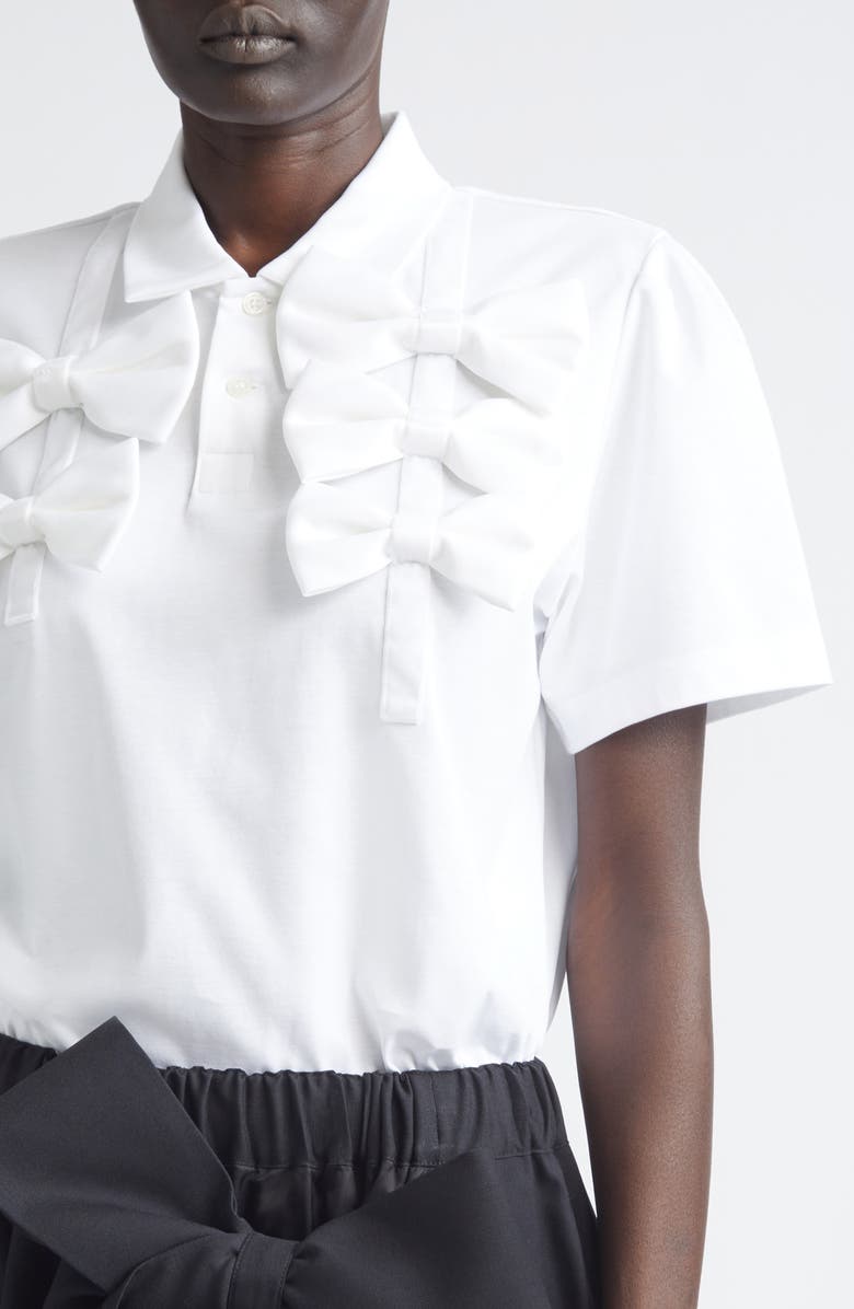 Noir Kei Ninomiya Bow Embellished Ponte Knit Polo, Alternate, color, White