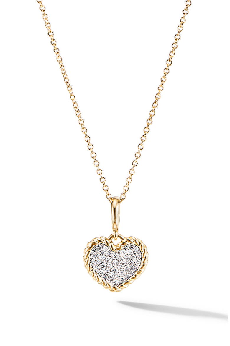 Cable Collectibles® Pavé Plate Heart Charm Necklace in 18K Yellow Gold, Main, color, DIAMOND