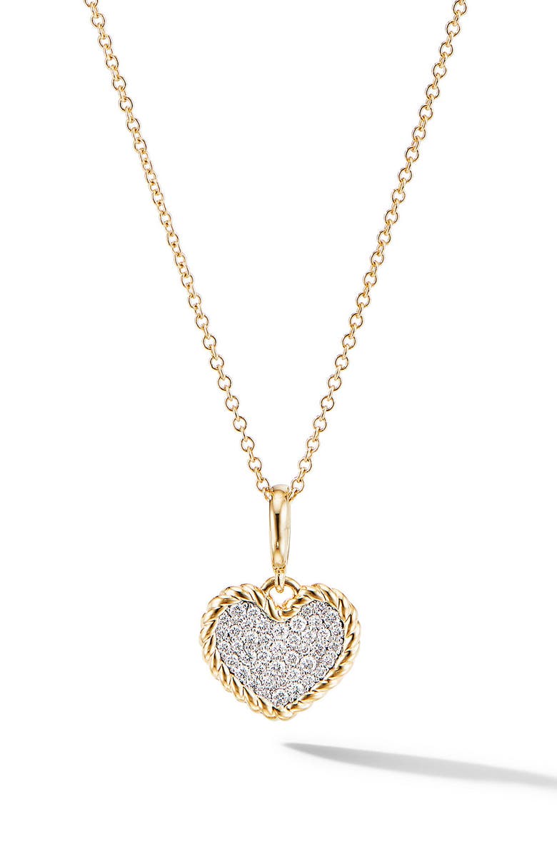 David Yurman Cable Collectibles<sup>®</sup> Pavé Plate Heart Charm Necklace in 18K Yellow Gold, Main, color,