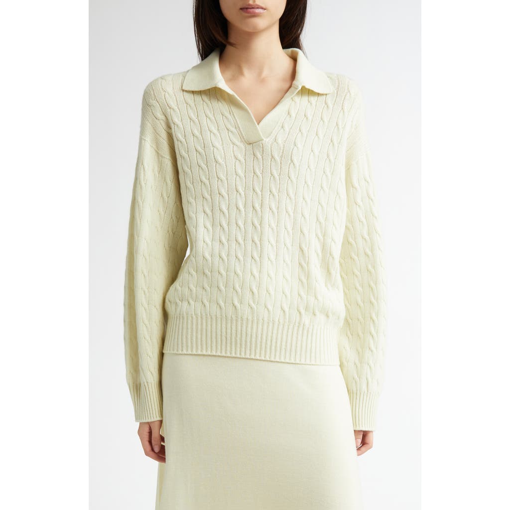Johnstons Of Elgin Cable Knit Johnny Collar Cashmere Sweater In Lemon