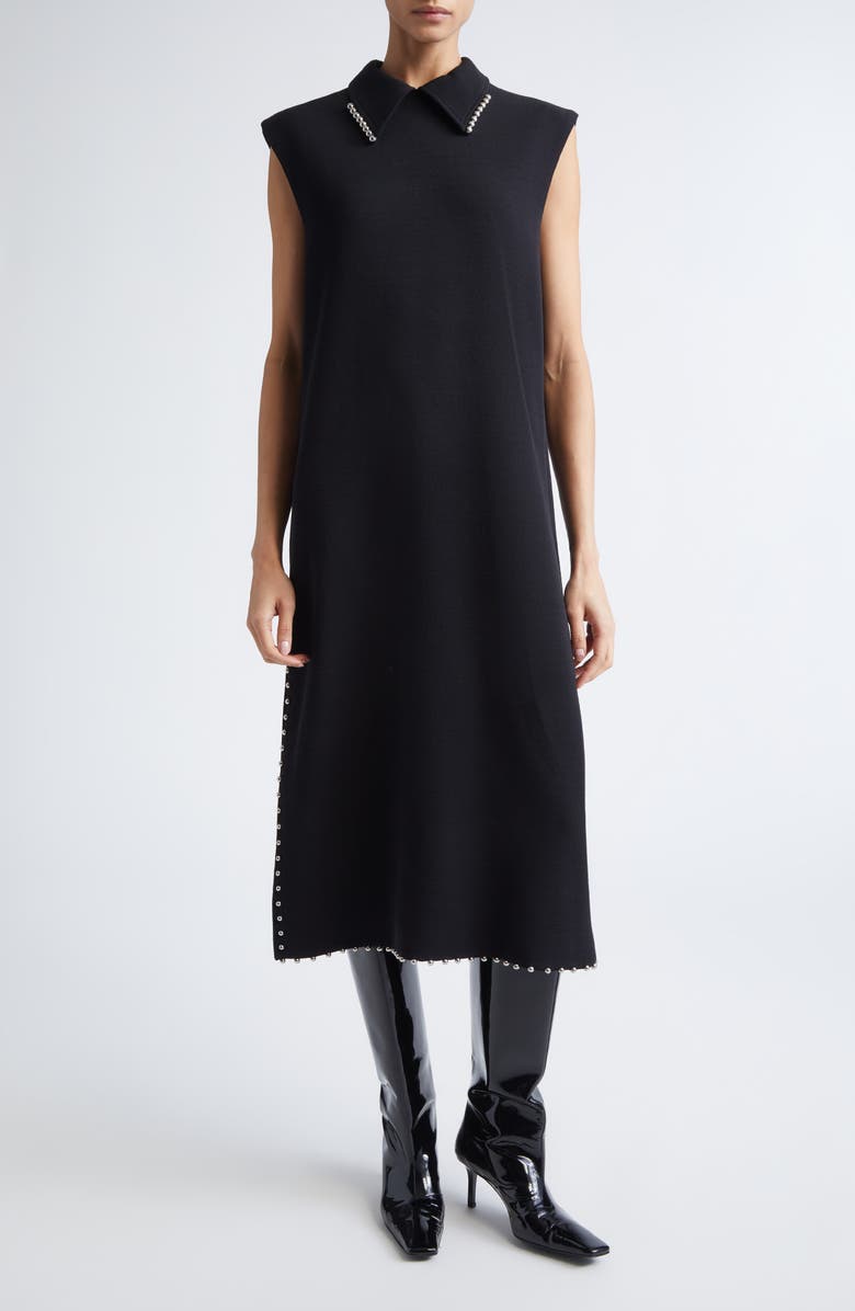 Jil Sander Bead Embellished Sleeveless Stretch Virgin Wool Blend Midi Dress, Main, color, Black