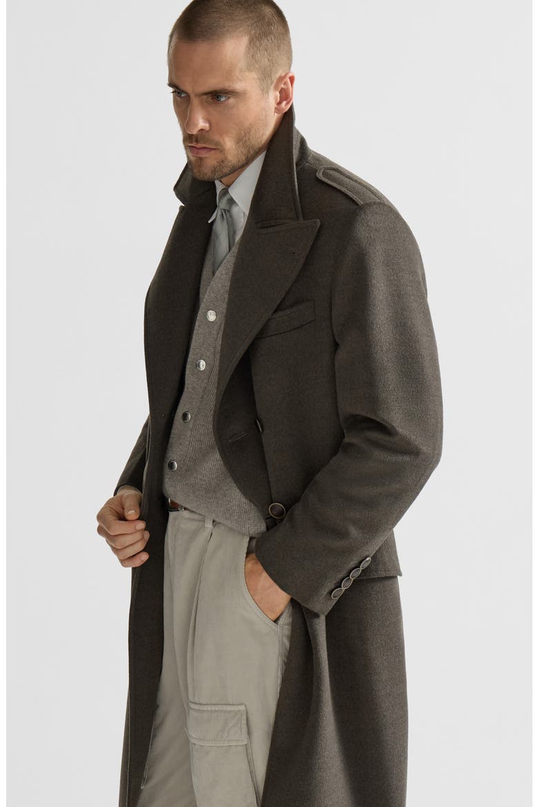 Lightweight virgin wool cloth one-and-a half breasted coat with peak lapels, Alternate, color, Mud