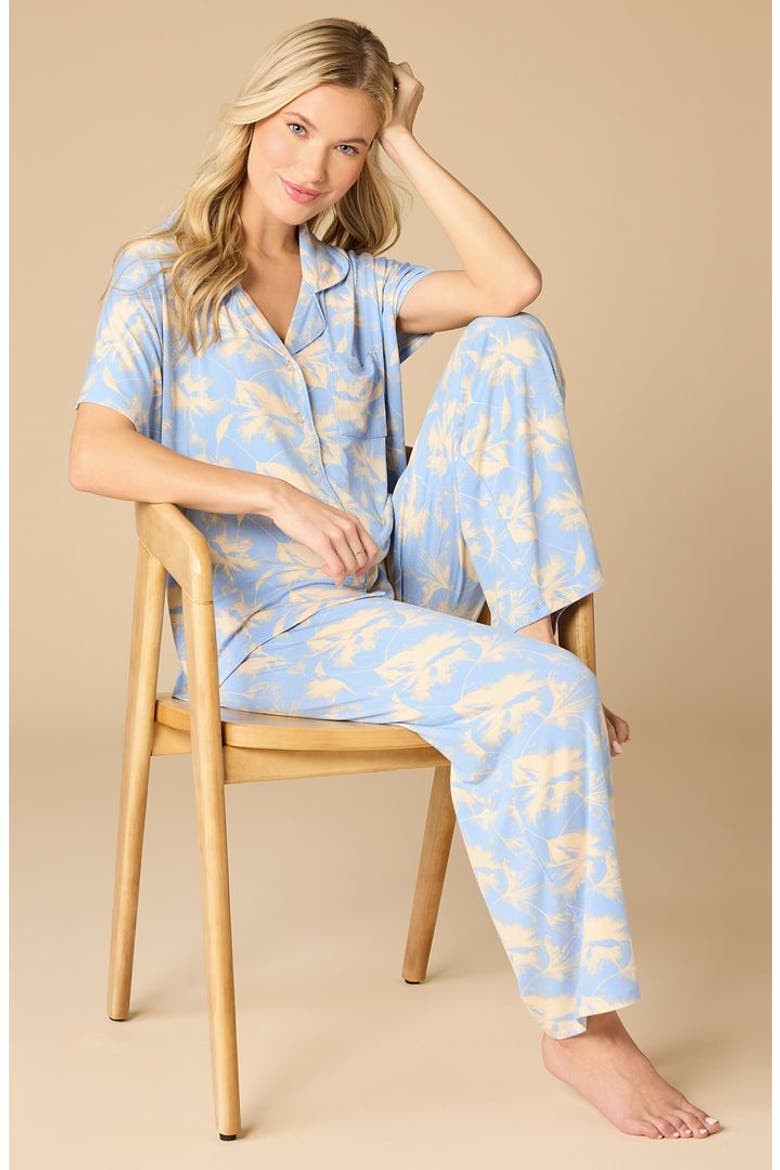 Soft Sleep Caftan Top and Cropped Pant Pajama Set, Alternate, color, Sky Blue Floral