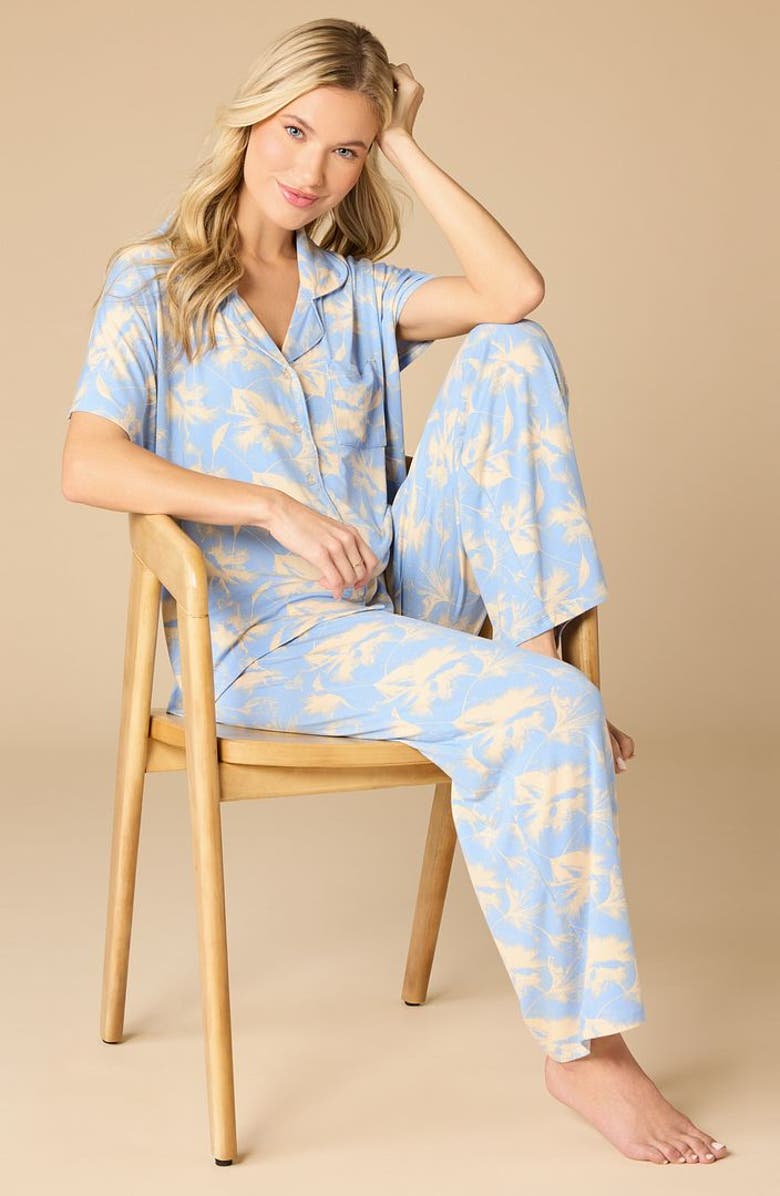 Softies Soft Sleep Caftan Top and Cropped Pant Pajama Set, Alternate, color, Sky Blue Floral