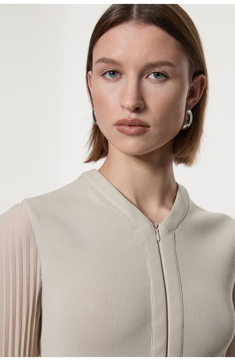 Karen Millen Petite Woven Sleeved Pleated Dress, Alternate, color, Stone