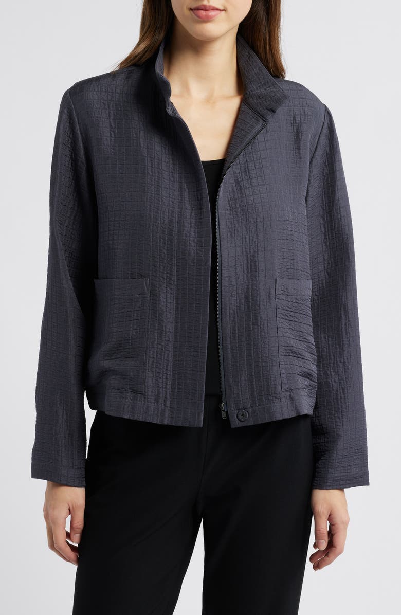Eileen Fisher Stand Collar Silk & Organic Linen Jacket, Main, color, Ebony