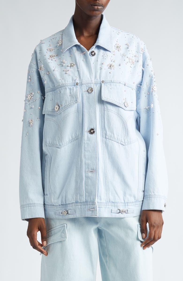 Versace Embellished Oversize Denim Jacket, Main, color, 