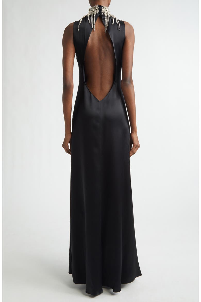 Chain Mail Open Back Satin Gown, Alternate, color, BLACK