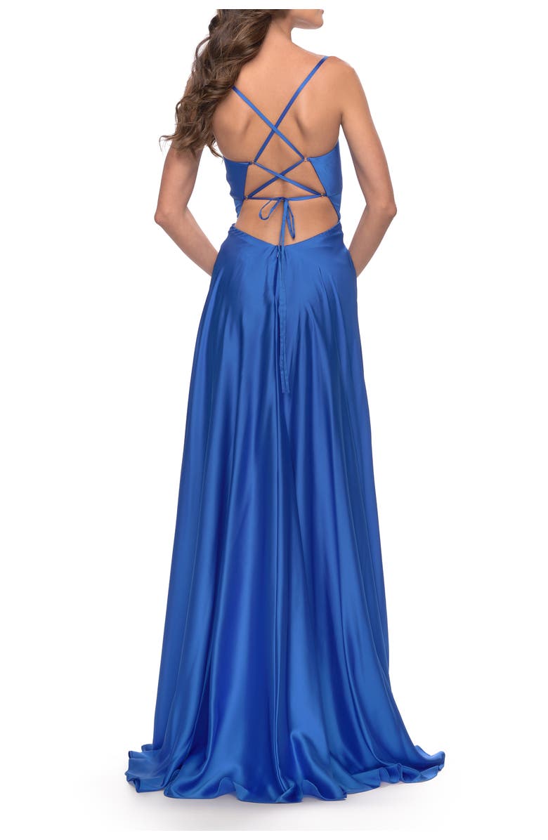La Femme Satin A-Line Gown with Cut Out and Twist Bodice, Alternate, color, Royal Blue